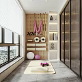 Indoor Fitness Area With Wall Mounted Training Equipment Yoga Ball Dumbbells Wooden Wall Storage Cabinets