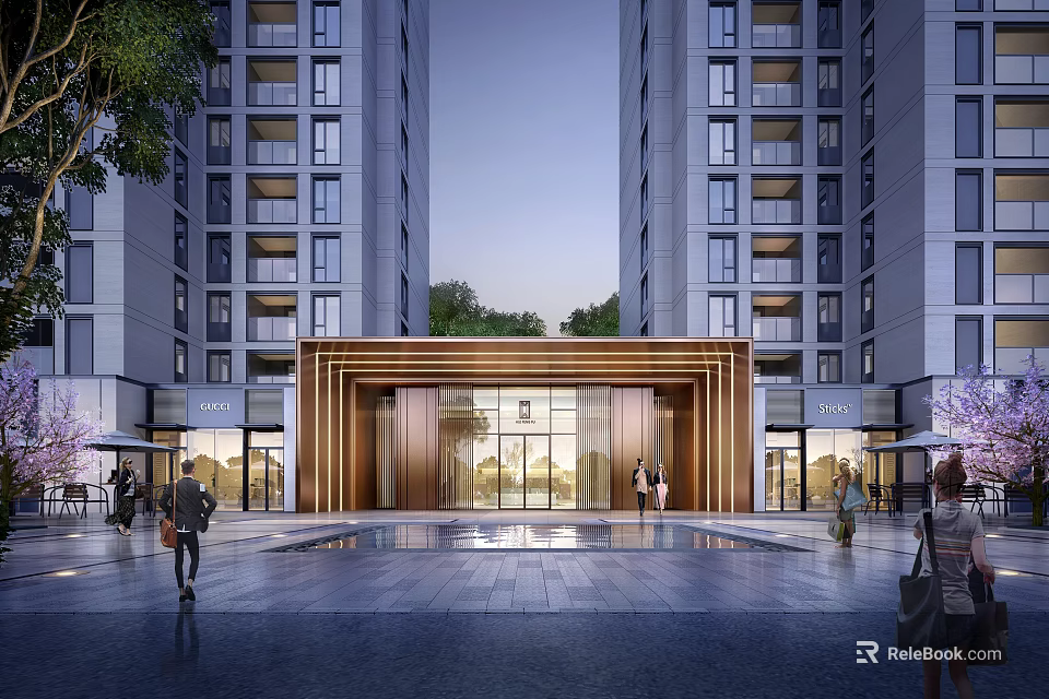 Tall Modern Apartment Building Entrance With Wooden Frame Glass Doors Water Pool And Pedestrians Walking 3d model 