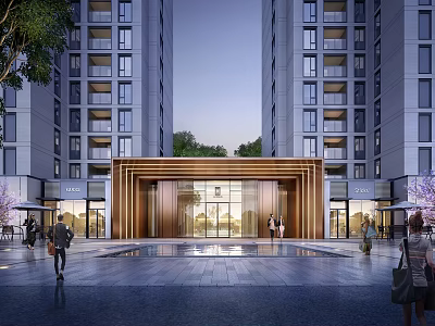 Tall Modern Apartment Building Entrance With Wooden Frame Glass Doors Water Pool And Pedestrians Walking 3d model