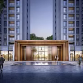Tall Modern Apartment Building Entrance With Wooden Frame Glass Doors Water Pool And Pedestrians Walking