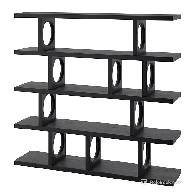 Modern Black Shelving Unit With Circular Cutouts And Four Storage Shelves 3d model 