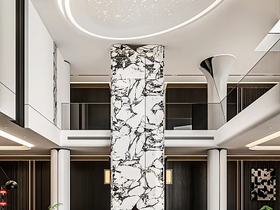 Modern Duplex Living Room Interior Design With Marble Column Double Height Ceiling And Upper Balconies 3d model