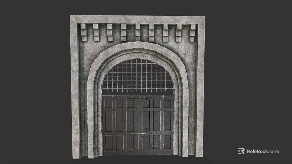 Classical Stone Entrance Gate with Arched Top Decorative Grille and Carved Frame 3d model 