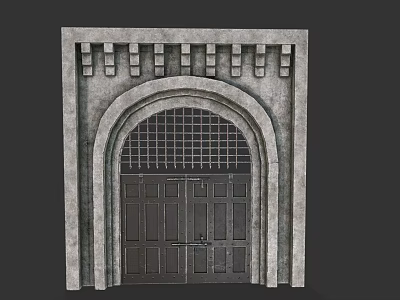 Classical Stone Entrance Gate with Arched Top Decorative Grille and Carved Frame 3d model