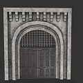 Classical Stone Entrance Gate with Arched Top Decorative Grille and Carved Frame