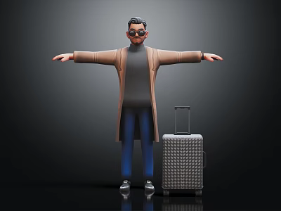 Man Standing With Arms Outstretched In Brown Coat Gray Turtleneck Blue Jeans Sneakers Silver Luggage 3d model