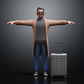 Man Standing With Arms Outstretched In Brown Coat Gray Turtleneck Blue Jeans Sneakers Silver Luggage