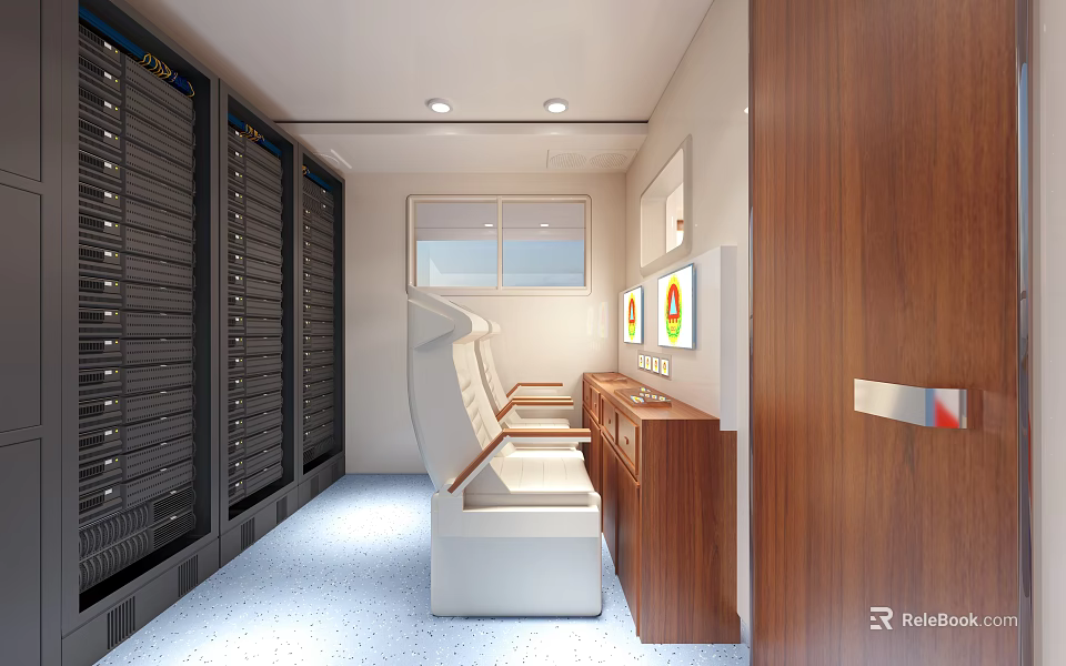 Professional Monitoring Room Interior With Multiple Monitor Screens Server Racks And Control Consoles 3d model 