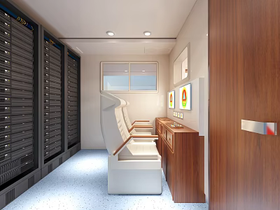Professional Monitoring Room Interior With Multiple Monitor Screens Server Racks And Control Consoles 3d model