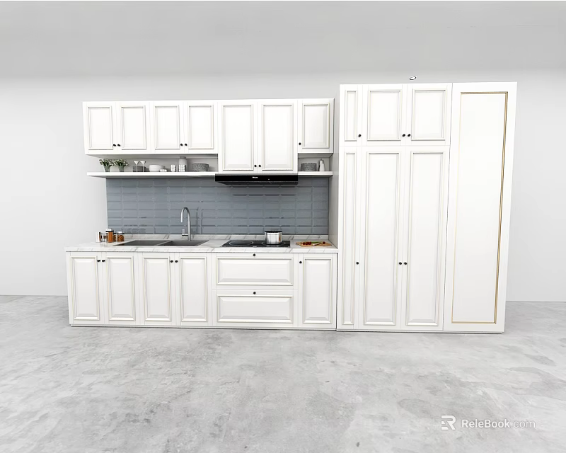Modern Kitchen Interior With White Cabinets Countertop Sink And Stove 3d model 