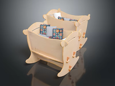 Wooden Baby Cribs With Decorative Curved Legs And Colorful Patterned Pillows 3d model