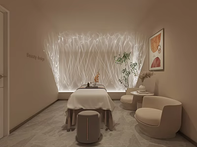 Relaxing Modern SPA Sauna Room With Massage Table Cream Colored Chairs And Lighted Background Wall 3d model