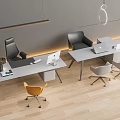 Modern Office Desks with Computers and Various Colored Chairs in Bright Workspace with Wooden Floor