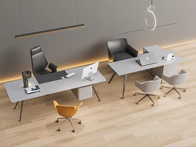 Modern Office Desks with Computers and Various Colored Chairs in Bright Workspace with Wooden Floor 3d model