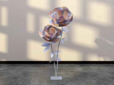 Decorative Floral Installation With Large Flowers Metallic Stems Leaves White Base Light Shadow Background 3d model