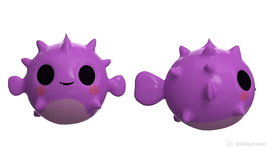 Purple Spiky Pufferfish Plush Toy with Cute Smiling Face Pink Cheeks and Big Black Eyes 3d model 