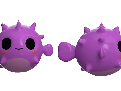 Purple Spiky Pufferfish Plush Toy with Cute Smiling Face Pink Cheeks and Big Black Eyes 3d model