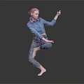 Woman In Blue Shirt And Patterned Pants Dancing On One Leg Holding Object Gray Background