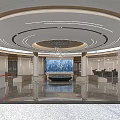 Modern Bank Lobby Interior With Circular Ceiling Lights Water Feature Seating Area And Marble Flooring