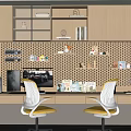 Modern Desk With White Yellow Chairs Perforated Wall Bookshelves Coffee Machine And Decor Items