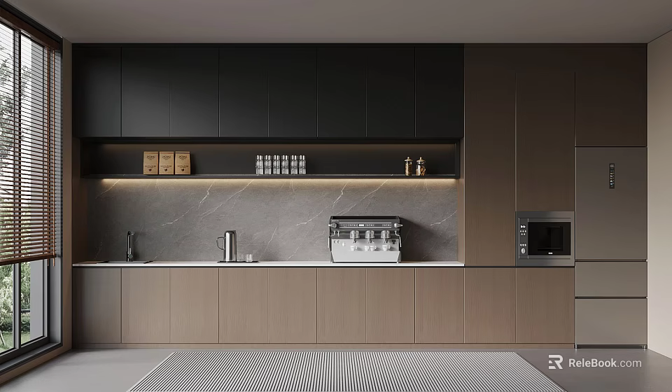 Modern Kitchen Interior With Black Upper Cabinets Light Lower Cabinets And Marble Countertop 3d model 