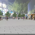 Night Outdoor Colorful Food Stalls with People Gathering Near Trees and Buildings