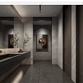 Modern Public Restroom Interior With Marble Walls Long Sink And Mirrors