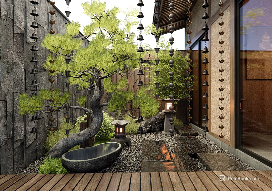 Japanese Style Garden Courtyard with Bonsai Pine Tree Stone Lantern Water Basin and Wooden Deck 3d model 
