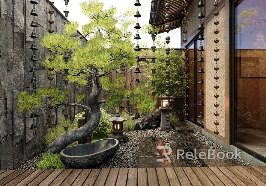 Japanese Zen Courtyard Landscape Bluestone Tingbu Stone Plant Landscaping Pine Water Bowl model