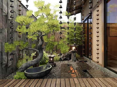 Japanese Style Garden Courtyard with Bonsai Pine Tree Stone Lantern Water Basin and Wooden Deck 3d model