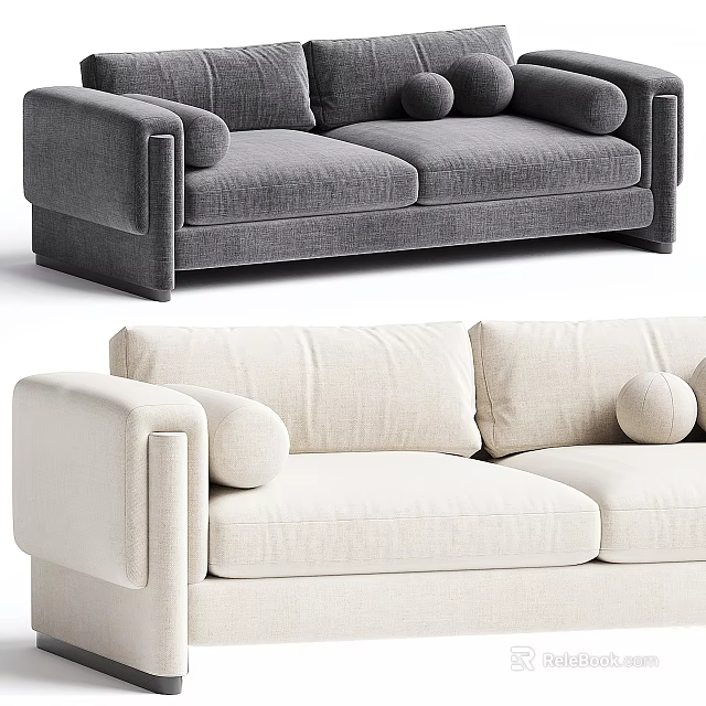 Modern Gray and Beige Two Seater Sofa With Round Pillows and Soft Fabric Upholstery 3d model 