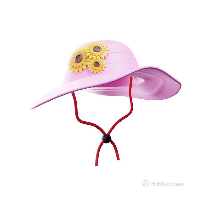 Pink Wide Brim Hat With Sunflower Decorations And Red String Strap Design 3d model
