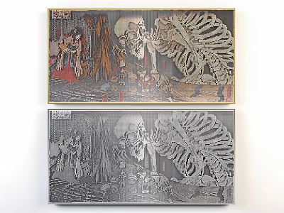 Two Traditional Art Paintings Featuring Colorful And Black White Scenes With Figures And Decorative Elements 3d model