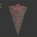 Massive Triangular Spaceship with Intricate Surface Details and Red Accents in Cosmic Exploration