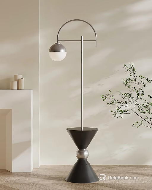 Modern Floor Lamp With Metal Stand Spherical Shade And Conical Base In Light Colored Room 3d model 