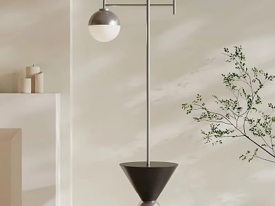 Modern Floor Lamp With Metal Stand Spherical Shade And Conical Base In Light Colored Room 3d model
