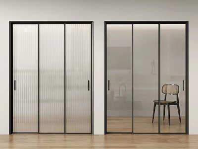 Modern Interior With Black Framed Sliding Doors Featuring Ribbed And Clear Glass Panels 3d model