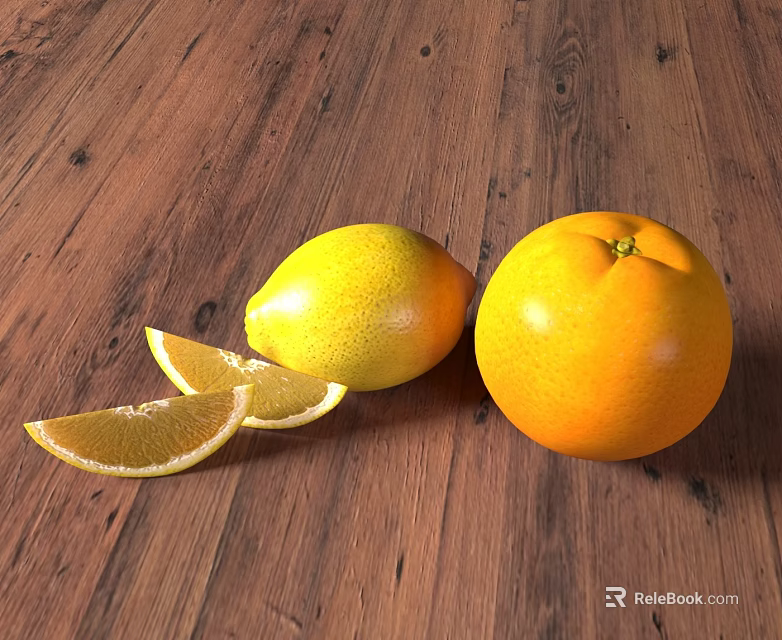 Fresh Whole Oranges and Lemons with Sliced Pieces on Wooden Surface 3d model 