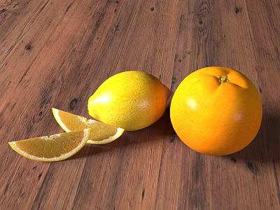 Fresh Whole Oranges and Lemons with Sliced Pieces on Wooden Surface 3d model