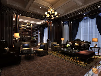 Luxury Clubhouse Interior With Dark Wood Furniture Chandeliers Sofas And Elegant Decorative Carpets 3d model