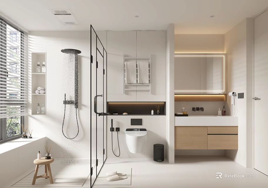 Modern Bathroom Interior Design With Open Shower Toilet Vanity Mirror And Natural Light 3d model 