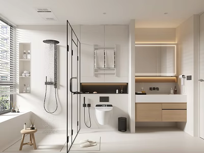 Modern Bathroom Interior Design With Open Shower Toilet Vanity Mirror And Natural Light 3d model