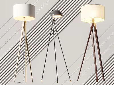 Three Modern Floor Lamps with Tripod Wooden Metal Stands and White Black Lampshades 3d model