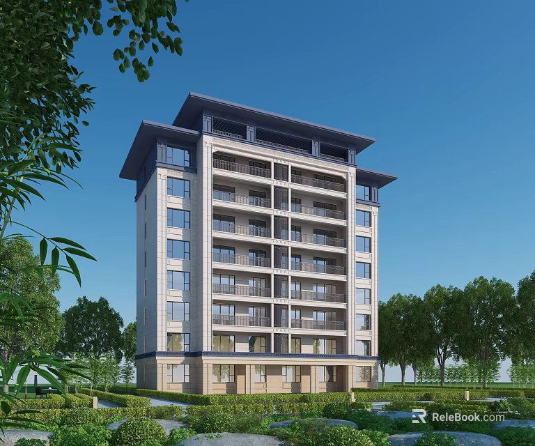 Modern Mid Rise Residential Building With Balconies Light Colored Exterior And Surrounding Trees Lawns 3d model 