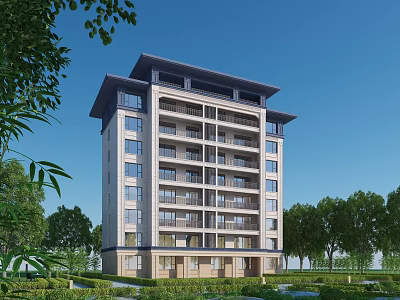 Modern Mid Rise Residential Building With Balconies Light Colored Exterior And Surrounding Trees Lawns 3d model