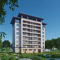 Modern Mid Rise Residential Building With Balconies Light Colored Exterior And Surrounding Trees Lawns