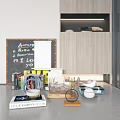 Decorative Ornament Set in Modern Interior with Chalkboard Books Bowls and Frames 3d model