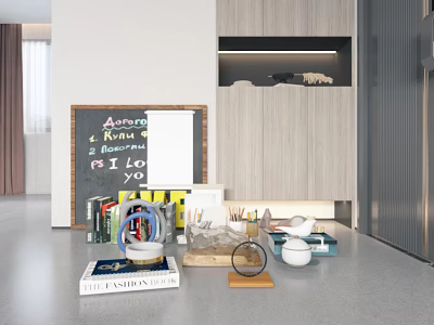 Decorative Ornament Set in Modern Interior with Chalkboard Books Bowls and Frames 3d model