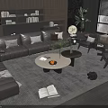 Modern Living Room Leather Sofa Round Coffee Table Set With Pillows Rug And Green Plant