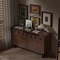 Wooden Decorative Cabinet With Books Table Lamp And Framed Artworks Near Blinds And Plant